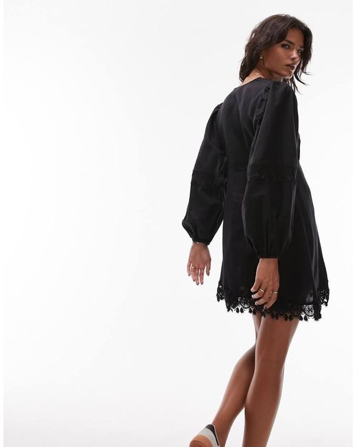 TOPSHOP Black V-neck Lace Mini Tea Dress