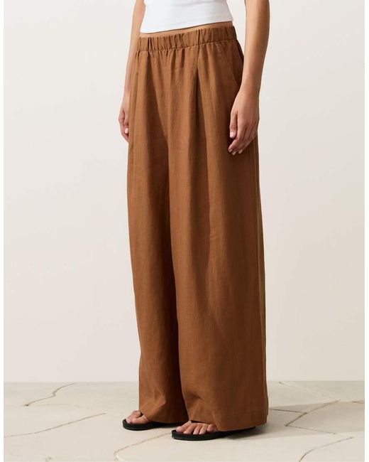Oysho Natural 100% Linen Wide Leg Trousers