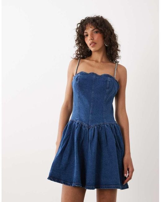 River Island Blue Diamante Scallop Detail Mini Dress