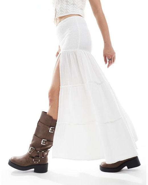 Bershka White Shirred Waist Tiered Maxi Skirt