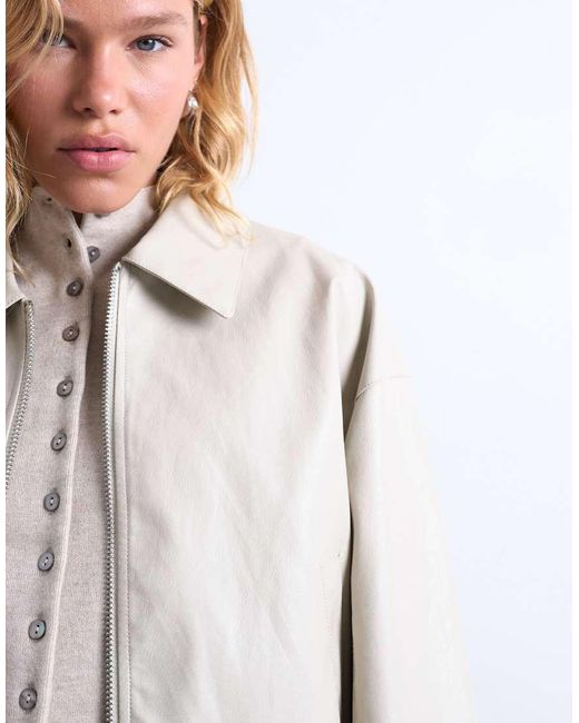 TOPSHOP White Faux Leather Dropped Shoulders Cropped Zip Up Jacket