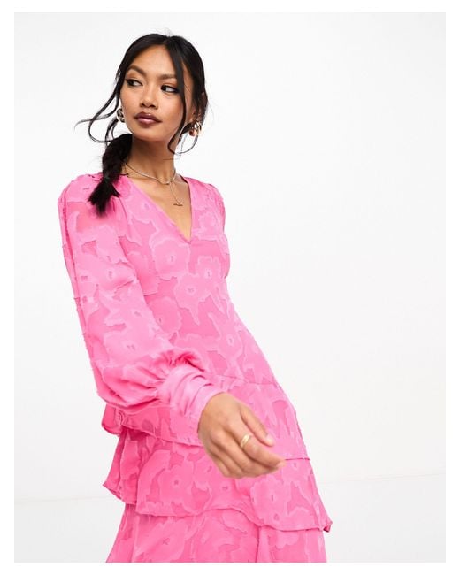 Pretty Lavish Pink Asymmetric Ruffle Jacquard Maxi Dress