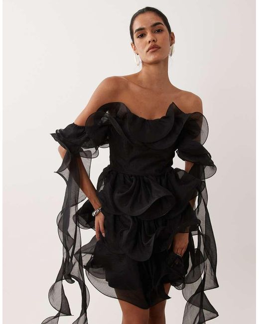 ASOS Black Textured Organza Wired Ruffle Off Shoulder Mini Dress