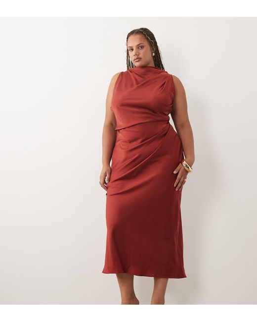 ASOS Asos Design Curve Pleated Gathered Bodice Satin Maxi Dress With High Neck