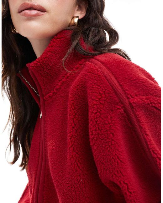 ASOS Red Cropped Borg Jacket With Funnel Neck And Sleeve Trim Detail