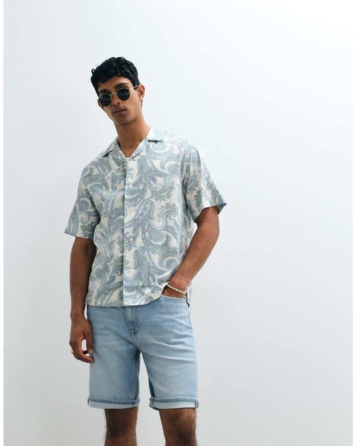 Mango Blue Slim Fit Roll Hem Denim Shorts for men