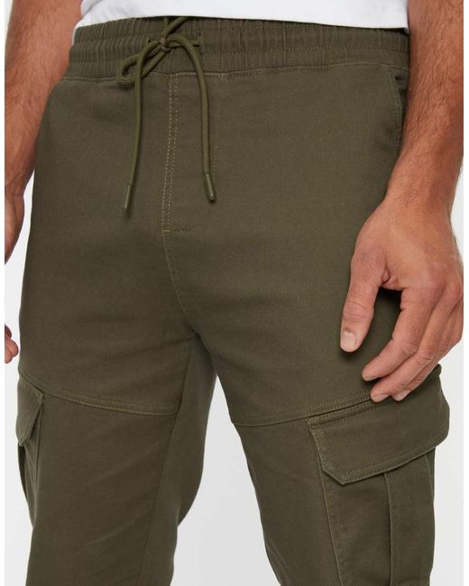 Threadbare Green Cotton Blend Cuffed Cargo Pocket Trousers for men