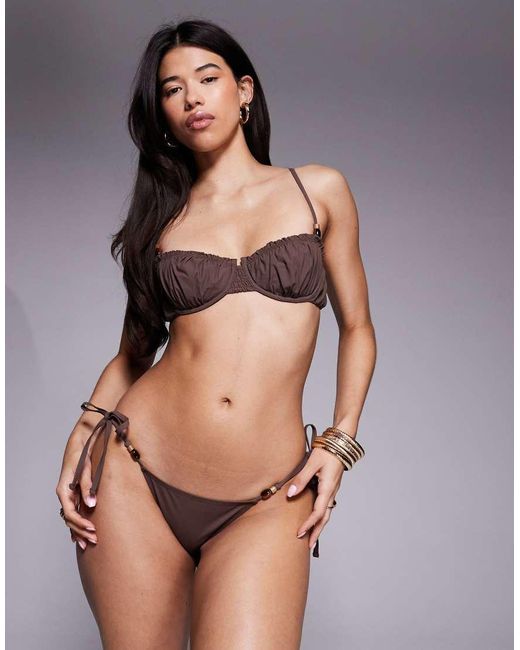 ASOS Brown Honey Premium Papertouch Rio Tie Side Bikini Bottom With Bead Detail