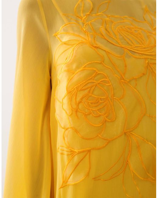 ARRANGE Yellow Applique Floral Tie Neck Blouson Sleeve Trapeze Maxi Dress
