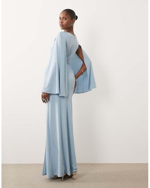 TFNC London Blue Slinky Cape Sleeve Ruched Side Maxi Dress