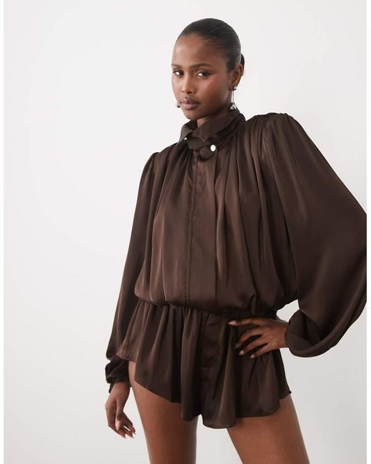 Noughts & Kisses Brown Satin High Neck Extreme Drape Balloon Sleeve Playsuit