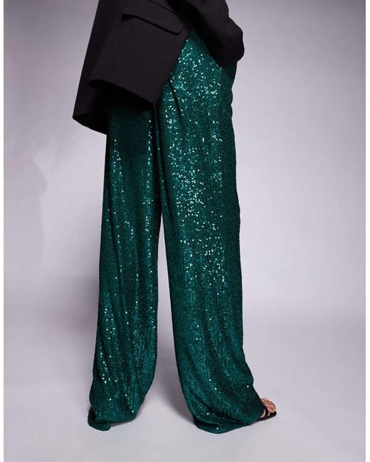 Kaiia Green Exclusive Premium Sequin Straight Leg Trousers
