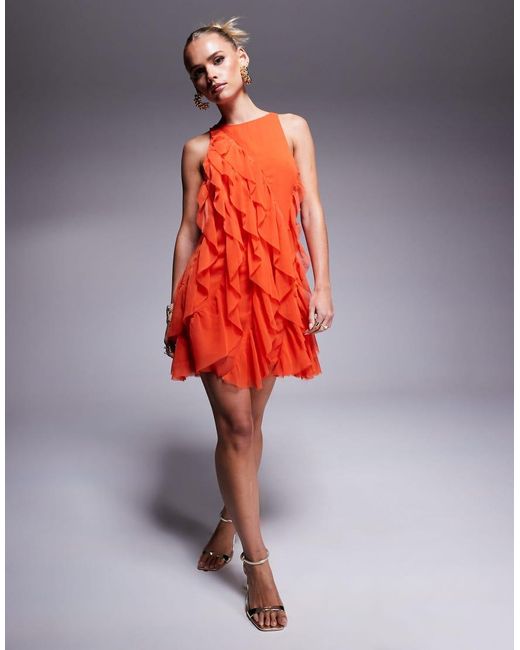 ASOS Red Asos Design Petite Asymmetric Racer Neckline Ruffle Mini Dress