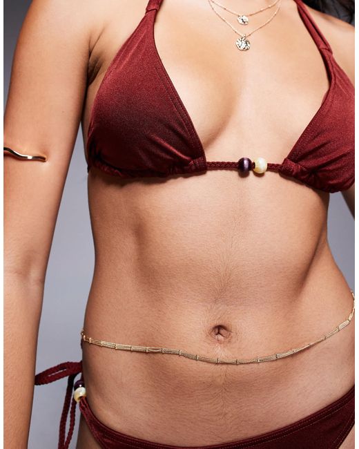 ASOS Red Simone Shine Triangle Bikini Top With Plaited Strap And Beads