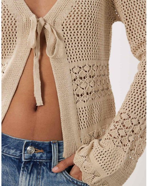 Brave Soul Brown Tie Front Crochet Knit Cardigan With Flared Sleeves