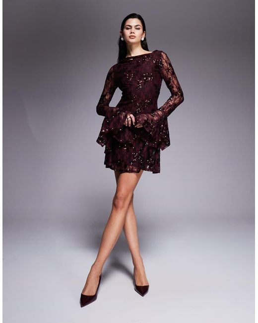 ASOS Brown Sequin Lace Slash Neck Mini Dress With Hanky Sleeve