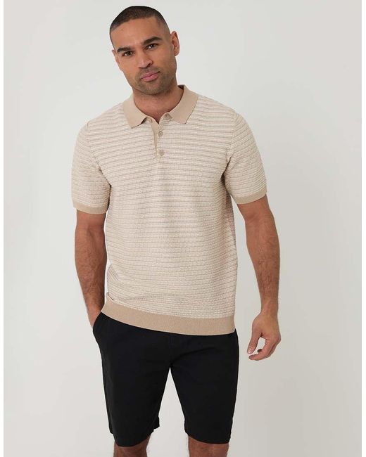 Threadbare Natural Textured Stripe Short Sleeve Knitted Polo for men