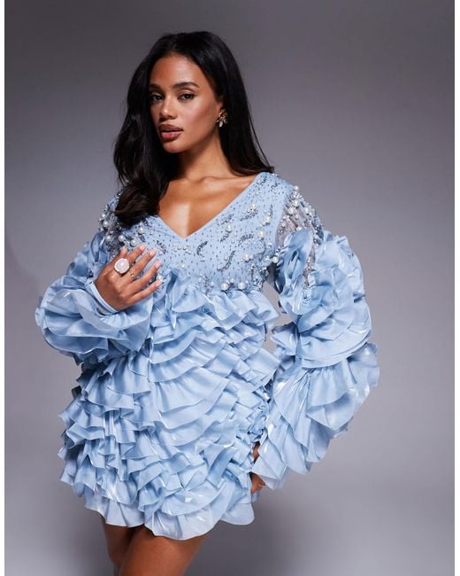 ASOS Blue Embellished Long Sleeve Ruffle Mini Dress