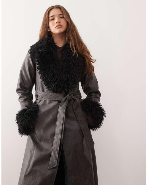 Reclaimed Vintage Black Longline Leather Look Trench Coat With Faux Fur Collar And Cuffs
