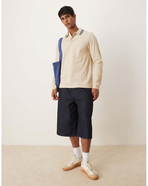 ASOS Natural Essentials Regular Fit Long Sleeve Polo With Navy Tipping for men