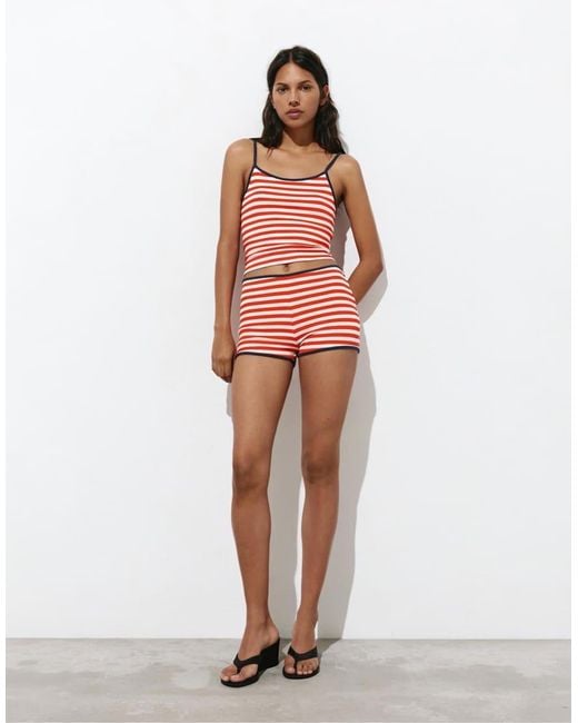 Pull&Bear Red Striped Ribbed Shorts