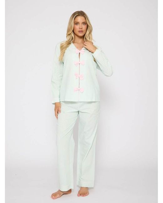 Loungeable White Striped Long Sleeved Traditional Pyjama Set With Bow Detail