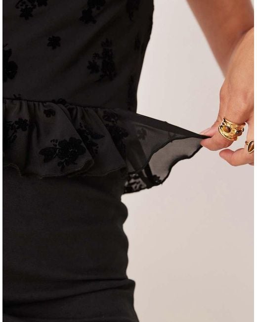 ASOS Black Flocked Mesh Ruched Top With Peplum Hem