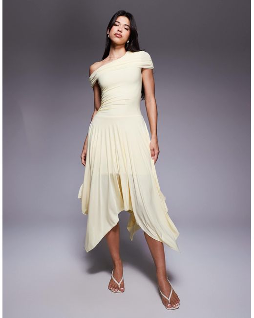 Kaiia Blue Exclusive Double Layered Slinky Asymmetric Drape Detail Drop Waist Fairy Hem Maxi Dress