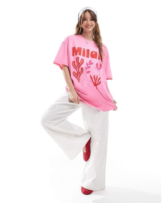 Camiseta Extragrande Con Estampado Gráfico "Milan" De ONLY de color Pink