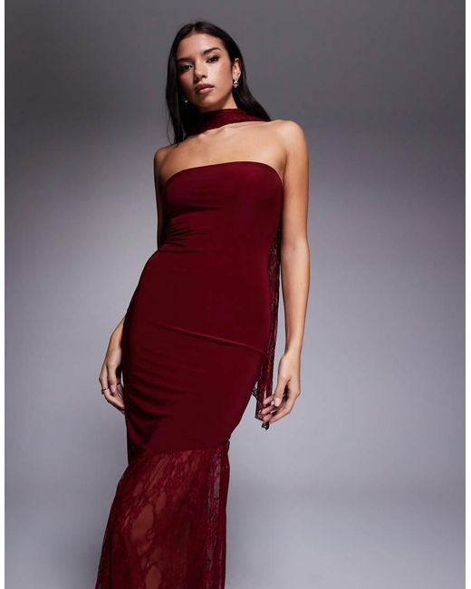 Fashionkilla Red Exclusive Double Sculpted Slinky Bandeau Sheer Lace Hem Scarf Detail Maxi Dress