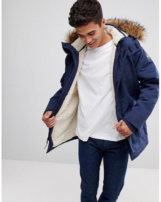 Hollister All Weather Parka Jacket Faux Fur Hood In Navy in Blue for ...