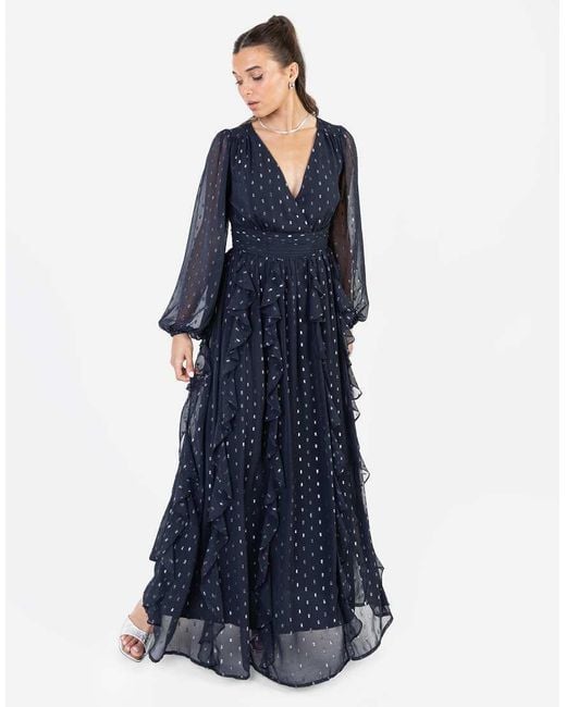 ANAYA Blue Faux Wrap Waterfall Ruffle Dobby Maxi Dress