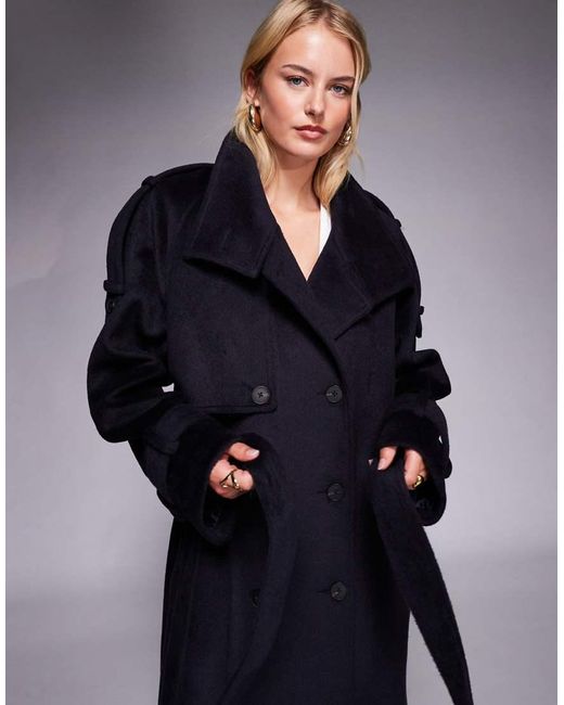 ASOS Blue Asos Design Tall Brushed Longline Funnel Neck Trench Coat