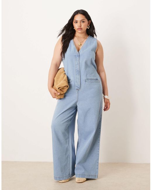 ASOS Blue Asos design curve – ärmelloser denim-jumpsuit
