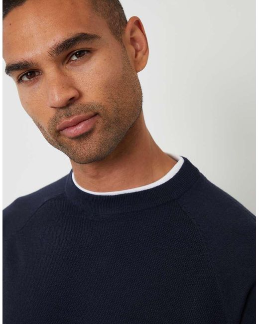 Threadbare Blue Mock Tee Textured Knit Crew Neck Jumper for men