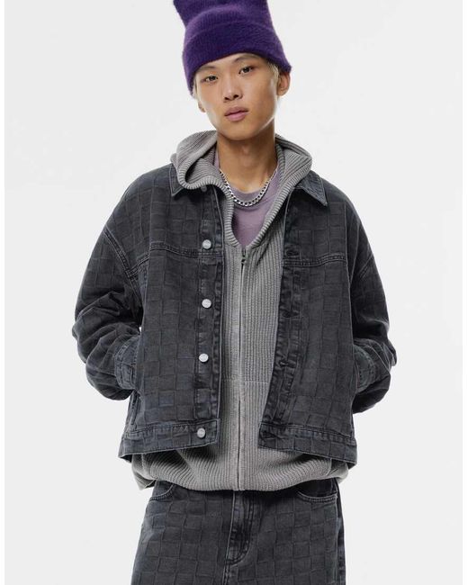 Pull&Bear Gray Check Denim Jacket for men