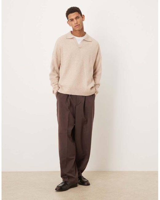 ASOS Natural Oversized Brushed Knitted Notch Neck Jumper for men