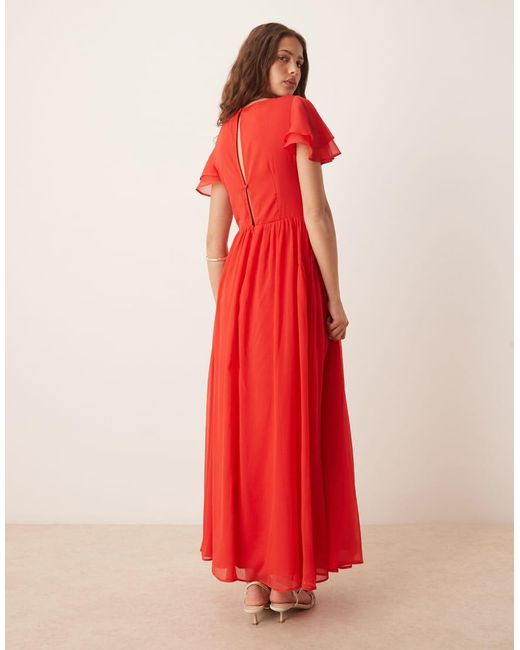 ASOS Maxi Jurk Met V-Hals, Uitlopende Mouwen En Uitsnijding in het Red