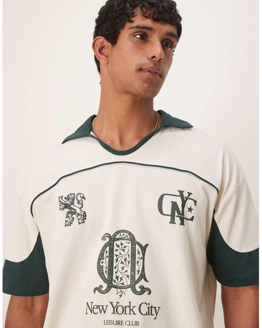 ASOS Rechte Oversized Polo Met Gestikte Vlakken, En Grafische Stadsprint in het Natural voor heren