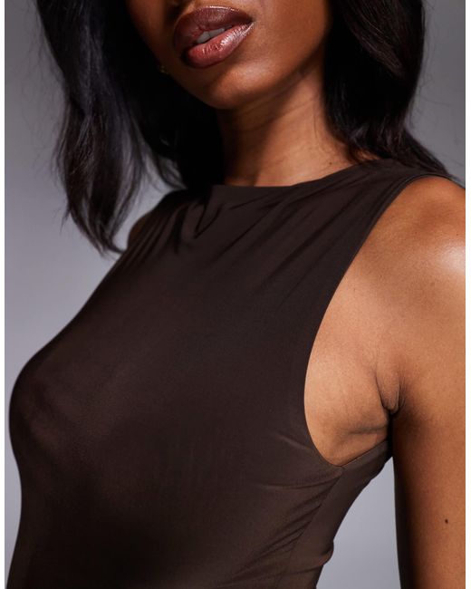 Kaiia Brown Exclusive Double Layered Slinky Slashneck Top Co-ord