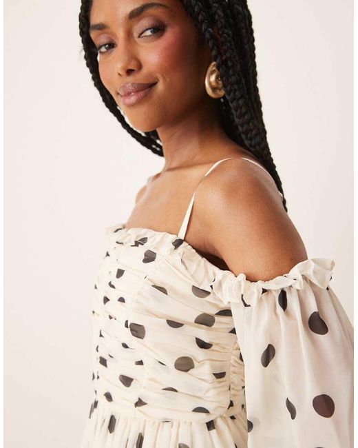 ANAYA Natural Polka Dot Bardot Long Sleeve Mini Dress