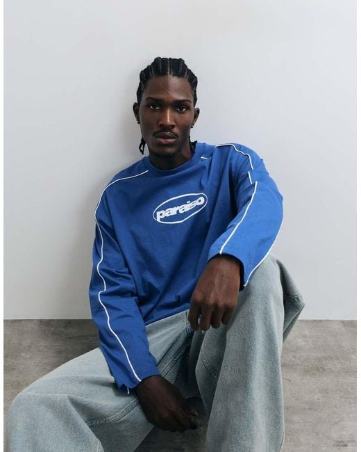 ASOS Blue Boxy Oversized Long Sleeve T-Shirt With Paraiso Graphic for men