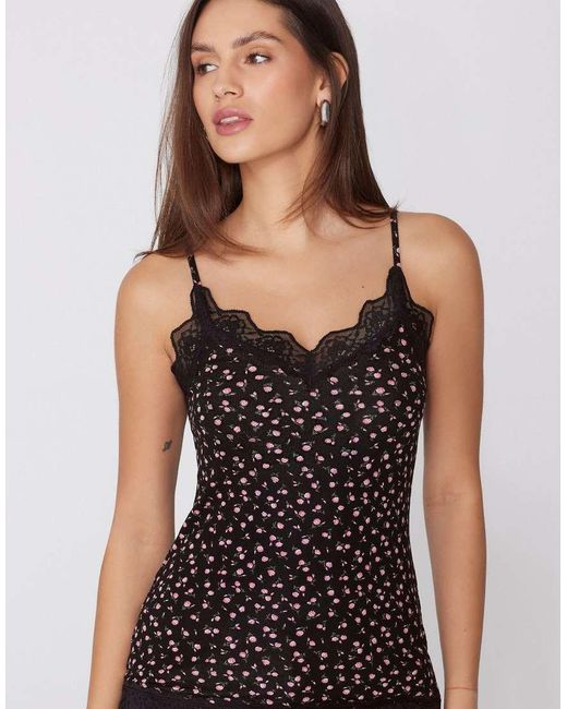 Tezenis Black V-Neck Camisole With Lace Insert