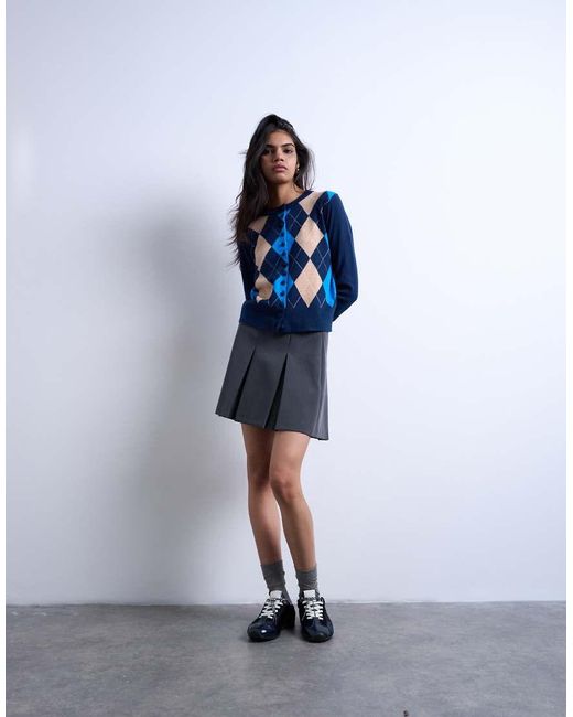 TOPSHOP Blue Knitted Fine Argyle Cardigan