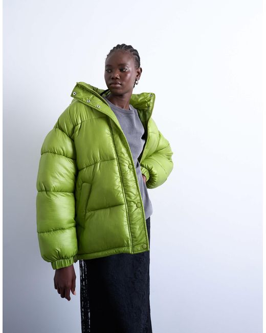 TOPSHOP Green High Shine Ripstop Puffer Jacket