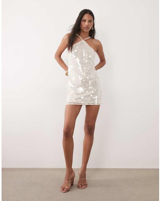 New Look White Sequin Halter Neck Mini Dress