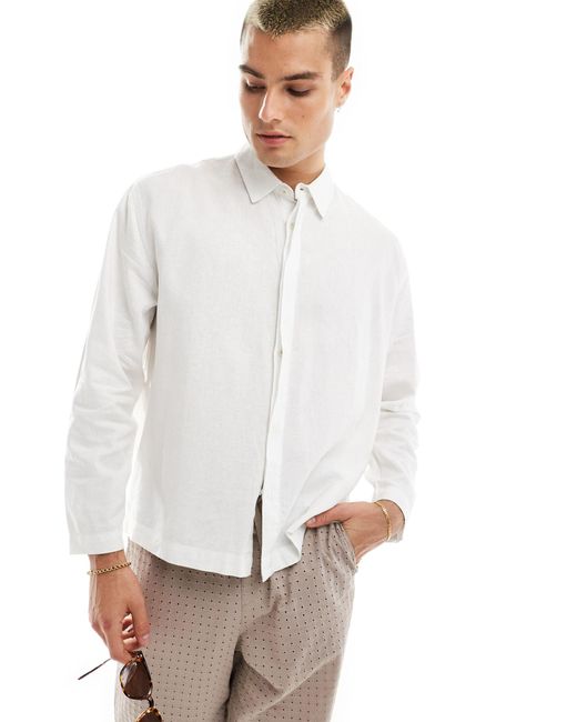 Bershka White Linen Rustic Long Sleeve Shirt for men