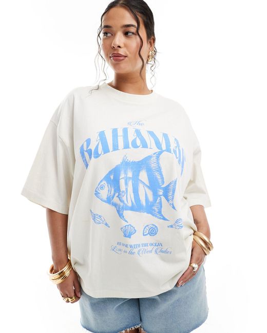 Asos design curve - t-shirt boyfriend color crema con grafica marina "bahamas" di ASOS in Blue