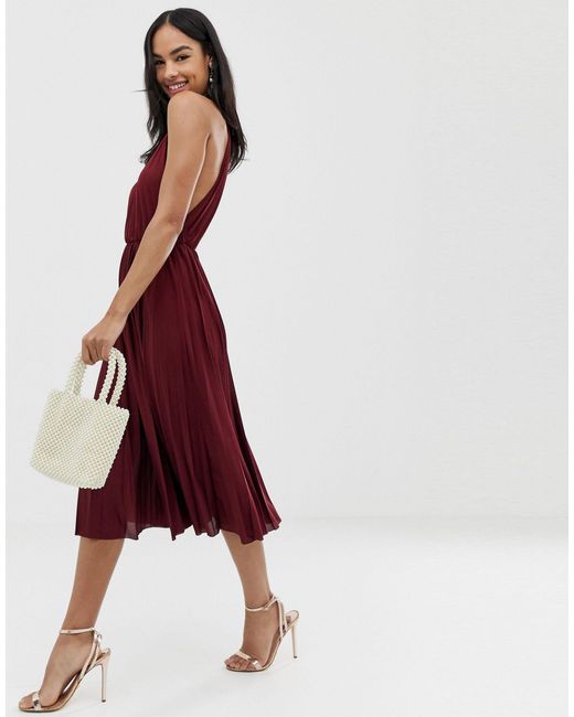halter pleated waisted midi dress