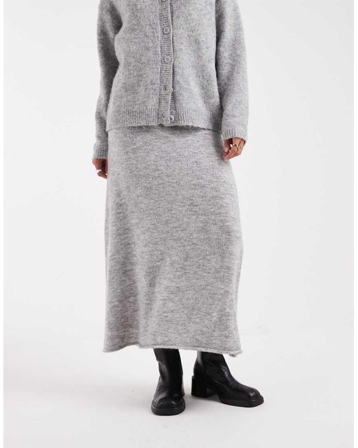 Pieces Gray Fluffy Knitted Midi Skirt